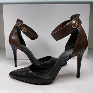 Coach Women’s Brown & Black Ankle Strap Stiletto Heels, Gold Hardware Size 9B